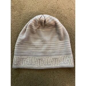 TORY BURCH‎ WOMEN'S STRIPED MERINO WOOL BEANIE HAT LIGHT GREY/ CREAM
